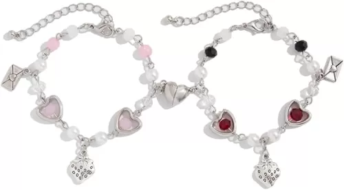 2PCS Punk Y2K Matching Bracelet for Women Men Cool Y2K Pearl Strawberry Envelope Love Heart Star Beaded Bracelets Set Aesthetic Grunge Punk Beads Bracelet for Couples Friends Jewelry Gifts