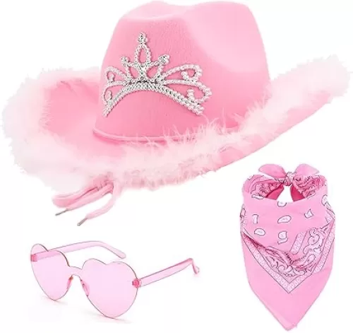 3 PCS Pink Cowgirl Cowboy Hat with Heart Sunglasses Bandana Pink Cowgirl Christmas Costume Accessories for Girls Women