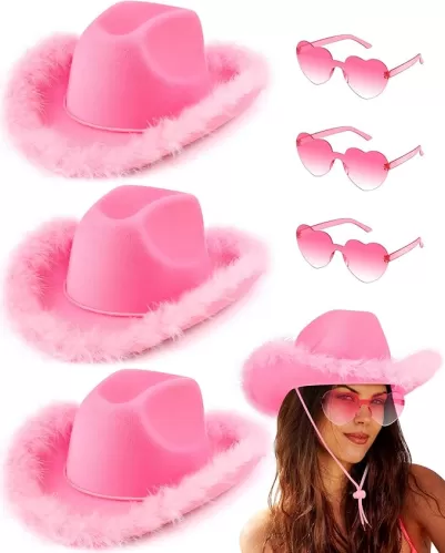 3 Set Pink Cowgirl Hat Western Cowboy Hat with Feather Heart Sunglasses for Preppy Costumes Bachelorette Wedding Party