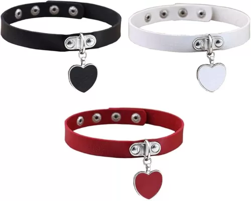 3PCS Heart Choker Necklace PU Leather Goth Choker Collar with Heart Pendant Punk Collar Adjustable Size – Black White Red