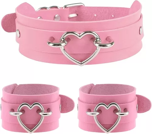 3Pcs Leather Choker Collar Set, Heart Necklace + Wide Wrist Bracelets Combo Punk Gothic Cosplay Jewelry Gift for Women, Pink C