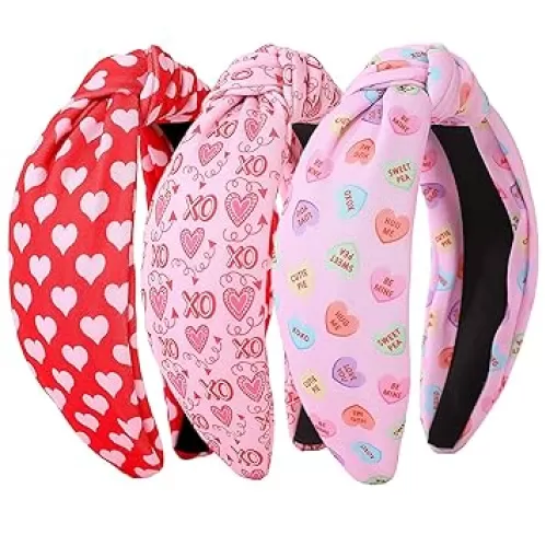 3Pcs Valentine's Day Headbands for Women, Heart Love Holiday Knotted Hair Hoops, Festive Gift Hair Accessory (Pink)