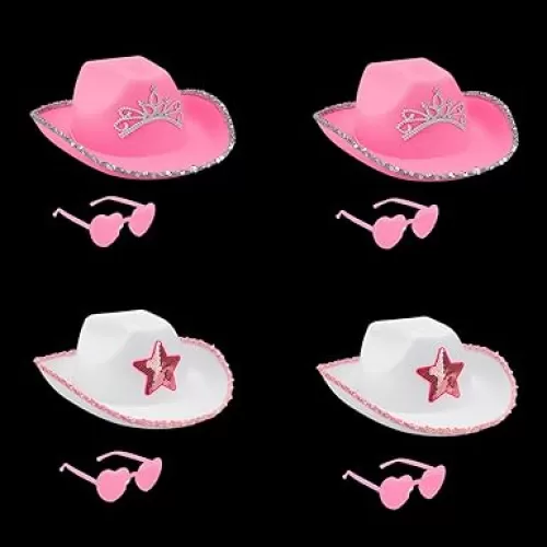 4 Pack Cowgirl Hat with Heart Glasses, Sequin Pink Cowboy Princess Hat with Tiara, Cowboy Hat with Pink Sequin Star, Halloween Cow Girl Costume Accessories for Women, Theme Party