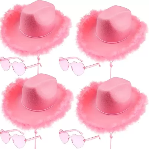 4 Pieces Cowboy Hat with 4 Pairs Heart Shaped Sunglasses Cowgirl Hats for Girls Women Halloween Costume Party