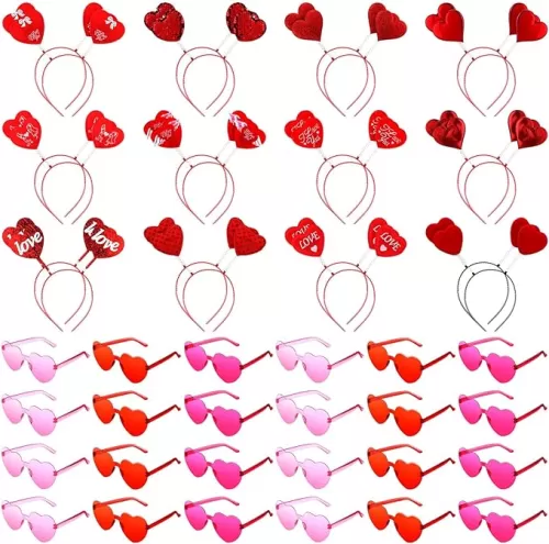 48 Pcs Heart Headband Sunglasses, Red Pink Glasses Heart Boppers Valentine’s Day Accessories Cupid Costume for Women Men Props Wedding Birthday Party Favors