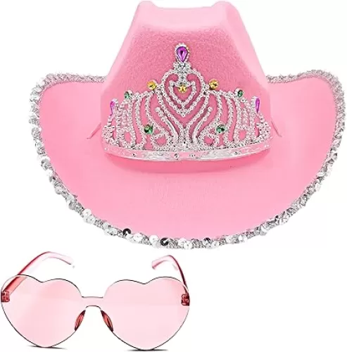 4E's Novelty Preppy Pink Cowgirl Hat with Heart Shaped Sunglasses - Pink Cowboy Hat with Tiara Crown for Adult Cowgirl Costume Accessories for Women Western Party