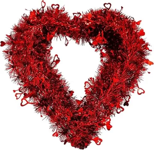 4E's Novelty Valentine's Day Wreath for Front Door, Tinsel Heart Shaped Wreath Hanging Wall Decorations - 14 Inches, Valentines Outdoor Décor
