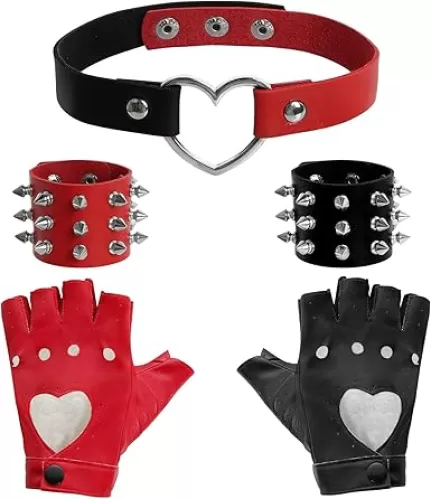 5 Pcs Gothic Punk Accessories - Punk Leather Fingerless Gloves Goth Heart Choker Necklace Spike Bracelet Set for Halloween Party Cosplay Costume