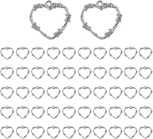 50Pcs Exquisite Antique Silver Plated Heart Charms Punk Style Hollow Heart Pendants for Jewelry Making Necklace Bracelet DIY Accessories