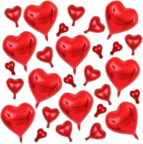 50pcs Heart Mylar Balloons, 18inch Red Heart Foil Blloons 3 Size Random 10inch 5inch Small Heart Balloons for Birthday Wedding LOVE Valentine