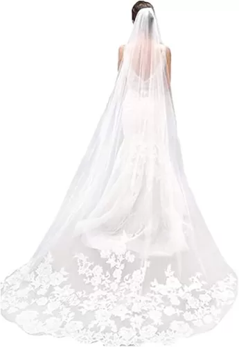 Acenail Cathedral Bridal Veil - White Long Wedding Veil with Lace 1 Tier Floral Embroidered 118 inch