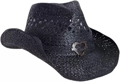 Adult Heart Badge Straw Weaving Cowboy Hat Lightweight Hat with Rolled Brims Outdoor Travel Hat Women Teenagers Hat