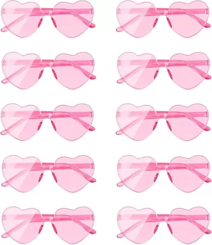 AEAHALY 10 Pairs Pink Heart Sunglasses Bulk for Women and Kids, Rimless Heart Shaped Sunglasses Bulk Women, Pink Heart Glasses Effect Bachelorette Bride Party Favor