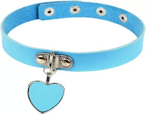 AKOAK Fashion Cool Rock Style Steampunk Punk Goth Heart-Shape Pendant Link PU Leather Collar Choker Necklace(Light Blue)