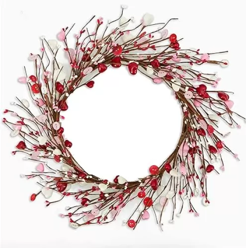AMF0RESJ Valentine's Day Wreath Pink Heart Shaped Berry Wreath with Heart Berry, Wooden Button for Indoor Outdoor Wedding Anniversary Party Home Wall Window Festival Decor
