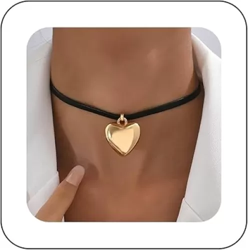 Andelaisi Boho Heart Velvet Choker Necklace Black Velvet Suede Necklace Choker Gold Love Heart Pendant Necklace Gothic Black Velvet Ribbon Necklace Chain Jewelry for Women