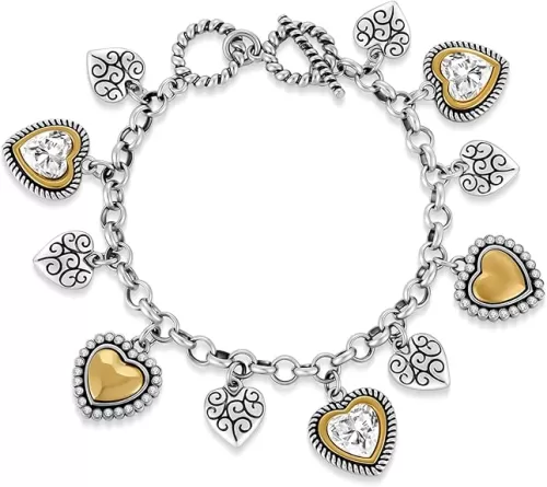 Antique Gold Heart Bracelets for Women With Eleven Textured Puffy Heart Charms Bracelets Boho Bracelet Trendy Gold And Silver Bracelet link Chain Bracelet Fashion Two Tone Jewelry Gift