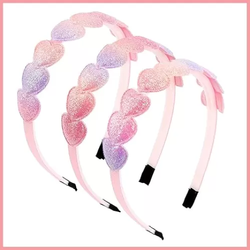 Aprince Glitter Girls Headbands 3Pcs, Sparkle Pink Headband for Girls, Cute Little Girl Heart Head Bands with teeth, Shiny Hair Accessories for Girls, Bling Toddler Rainbow Hairband for Kids