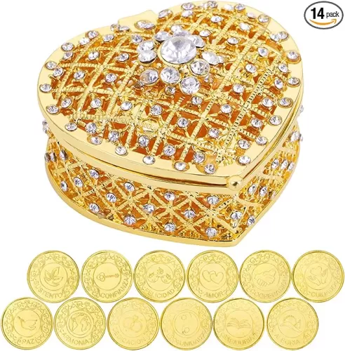 Arras Para Boda Catolica - 13pc Wedding Unity Coins with Diamond Heart Shaped Box, Arras de matrimonio, Wedding Coins for Unity Ceremony Ideas, Arras de boda Catolica, Unity Coins Catholic (Gold)