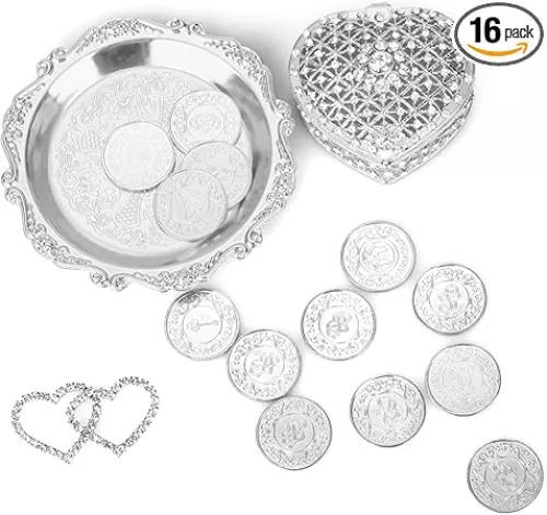 Arras Para Boda Catolica - Wedding Unity Coins, Arras de boda Catolica with Silver Heart Shaped Box, Arras de matrimonio, Wedding coins for Unity Ceremony Ideas, Wedding Coins Catholic, Monedas de boda