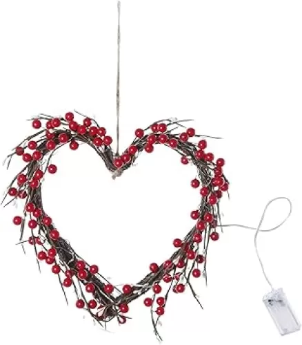 Aubatece Valentines Day Wreaths for Front Door, 12.5 Inches Artificial Red Pink Berries Valentine Heart Shaped Wreath, Door Hanger with LED Lights for Wall Window Porch Home Decor (Red)