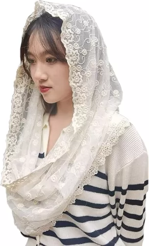 Beige Embroidered Mantilla Veils D Shape Catholic Vintage Inspired Wrap-Style Latin Mass M12