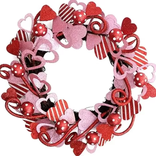 Bibelot Valentine's Day Red Pink Glitter Heart Wreath for Front Door and Home, Wedding Red Glitter Decoration, Heart-Shaped Wreath for Indoor and Outdoor Use