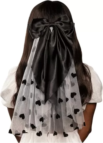 Black Heart White Veil with Black Bow - Bride Bachelorette Accessory for Celebrating Bachelorette Party, Bridal Shower