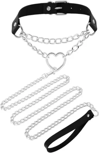 Black Leather Choker Collar Body Chain, Women Heart Emo Necklace Rave Punk Rock Accessories Goth Jewelry for Halloween Cosplay