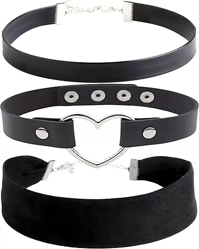 Black Leather, Velvet, Heart Pendant Choker 90s Accessories Goth Style Classic Punk Gothic Neck Collar Choker Necklace for Women and Men, Pack of 3