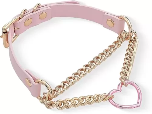 Black/Pink Leather Choker Necklace For Women, Handmade Adjustable Chain Collar with Metallic Heart Ring