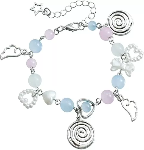 Blue Drop Y2k Bracelet for Women Love Heart Star Beaded Imitation Pearl Bow Wings Bracelet Aesthetic Dainty Vintage Punk Jewelry Gift