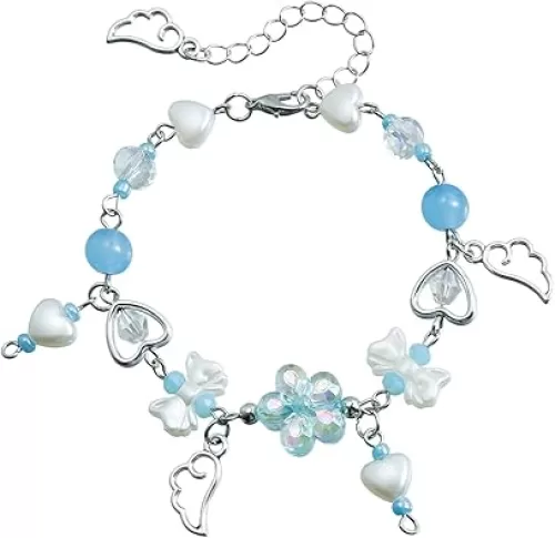 Blue Drop Y2k Bracelet for Women Star Love Heart Imitation Pearl Beaded Bow Wings Bracelet Aesthetic Dainty Vintage Punk Jewelry Gift