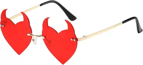 BOJOD Goth Horns Heart Sunglasses for Women Rimless 90s Punk Heart Glasses Trendy colored Sunglasses for Party Festival