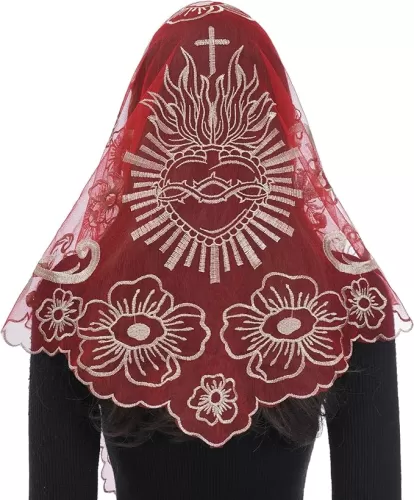 Bozidol Catholic Veils for Church Women: Triangle Sacred Heart Camellia Embroidery Mantilla Veil, Religious Veil Mass Chapel