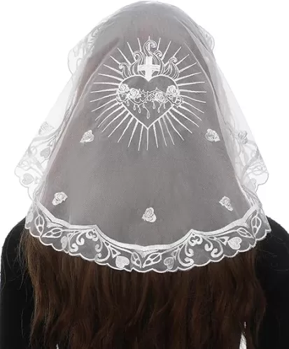 Bozidol Catholic Veils for Women - Mass Chapel Veils with Sacred Heart & Rose Pattern