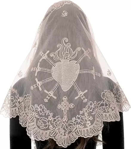 Bozidol Catholic Veils for Women Mass, Seven Sorrows Sacred Heart Embroidered Church Mantilla Chapel Veil Lace Head Coverings