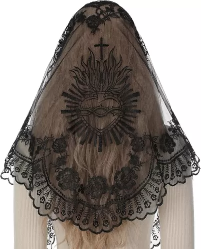 Bozidol Church Veil Triangular Mantilla - Cross Chalice Embroidered Vintage Catholic Mass Veil for Women
