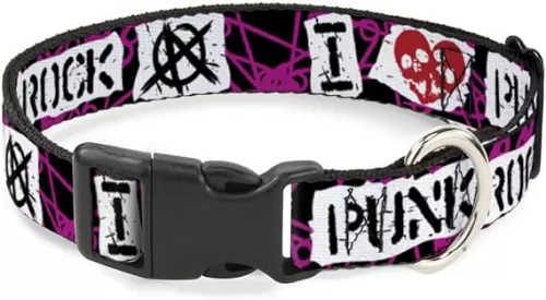 Buckle-Down 6-9" I Heart Punk Rock with Safety Pins Black/Fuchsia/White Plastic Clip Collar, Narrow Small