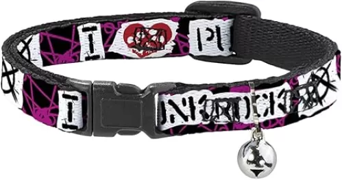 Buckle-Down Cat Collar Breakaway I Heart Punk Rock Safety Pins Black Fuchsia White 8 to 12 Inches 0.5 Inch Wide