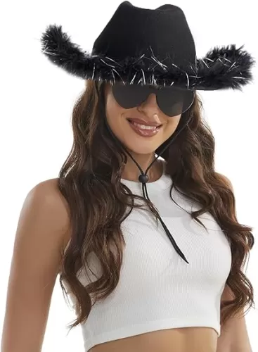 CAIKQ Cowgirl Hat with Feathers with Heart Sunglasses - Cowboy Hats for Women Birthday Bachelorette Party Theme Costumes