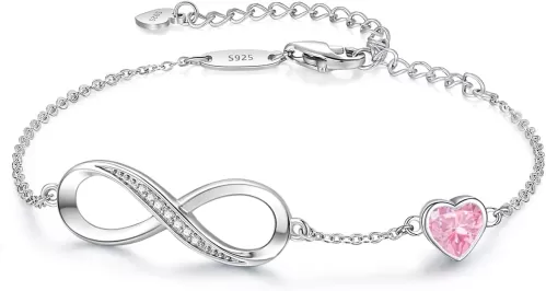 CDE Infinity Heart Birthstone Charm Link Bracelet for Women 925 Sterling Silver Adjustable Mother's Day Gift Anniversary Birthday Jewelry for Wife Girlfriend Her