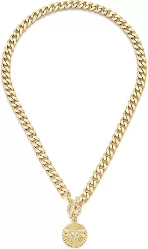 Chunky Gold Chain Necklace for Women, 14k Gold Plated Cubic Zirconia Heart Chain Necklace Cuban Link Toggle Circle Coin Pendant Necklace Trendy