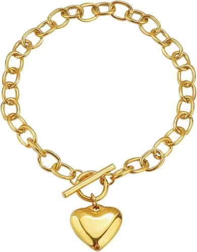 Chunky Gold Heart Bracelets for Women, Glossy Punk OT Buckle Bracelet, Charm Puffy Heart Thick Link Bracelets Trendy Birthday Jewelry Accessories Gifts