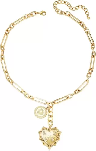 Chunky Gold Sun Heart Pendant Charm Necklace for Women 18K Gold Plated Thick Paperclip Chain Choker Necklaces Hip Hop Valentines Day Gift Jewelry