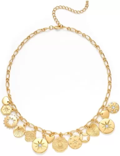Chunky Multiple Charms Necklace for Women Boho Vintage Adjustable Gold Chain Necklace Bold Statement Round Choker Pendant Necklaces Fashion Heart Necklace