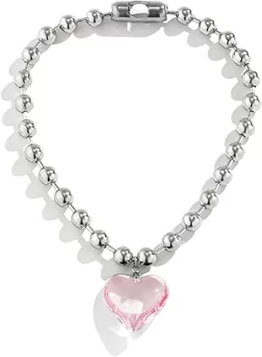 COLORFUL BLING Punk Chunky Glass Puffy Heart Beads Chain Choker Necklace Coloured Glaze Heart Charms Pendant Necklace Y2K Aesthetic Simple Jewelry for Women