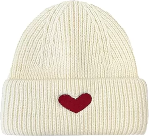 CORIRESHA Women's Cute Heart Embroidery Beanie Soft Knitted Hat