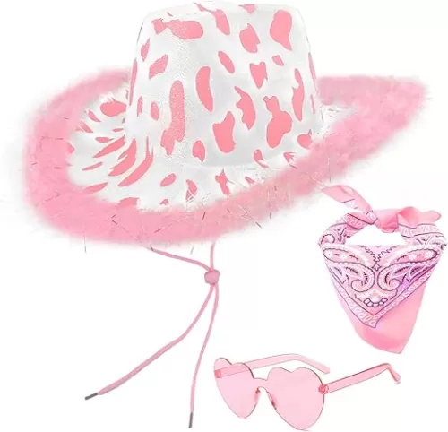 Cow Print Cowboy Hat with Feathers, Heart Sunglasses and Bandana for Women Western Party Cowgirl Costume Accessory