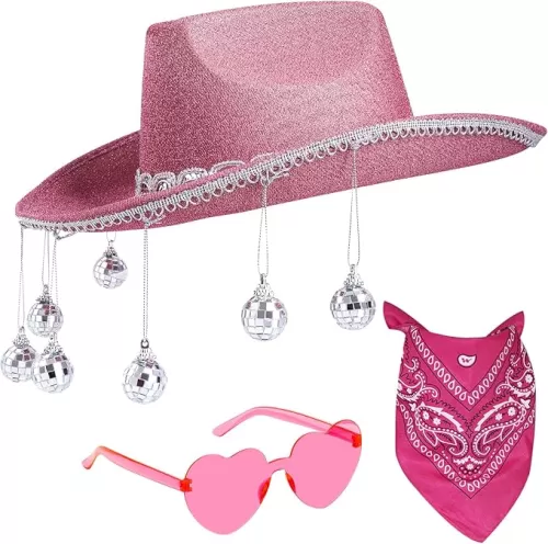Cowboy Hat Costume Cowgirl Hat with Glitter Disco Ball Heart Sunglasses Bandana for Western Cowboy Halloween Cosplay